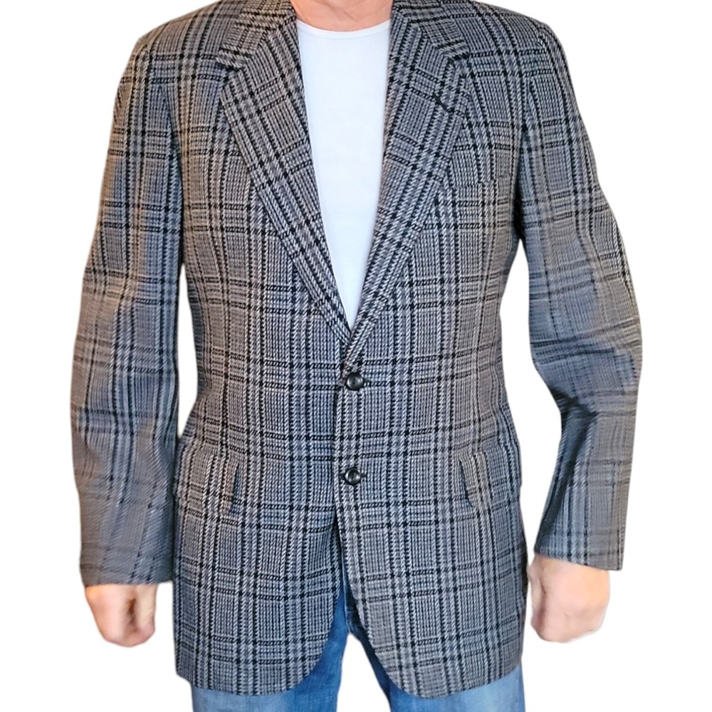 Men's Vintage Oxxford Connoisseur's Thick Plaid Sport Coat Black Gray‎ 42